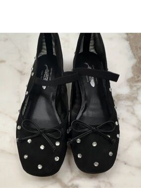Jeffrey Campbell Black Studded Mary Jane Flats with Bow Accent